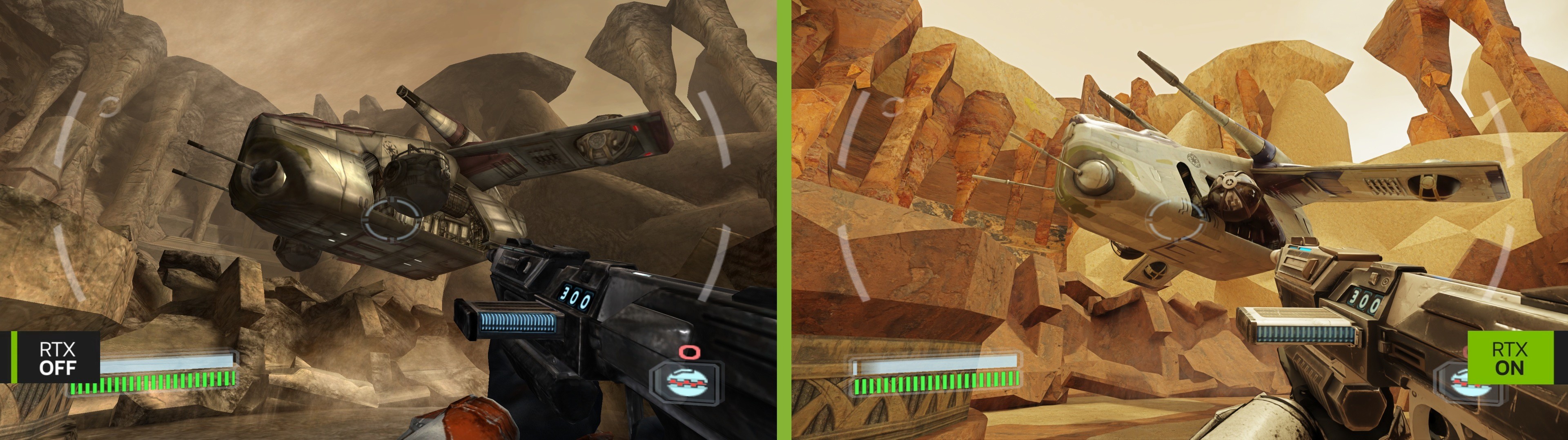Capture d’écran comparative d’un jeu de tir à la première personne dans l’univers de Star Wars, illustrant les différences de rendu visuel entre le mode sans ray tracing (RTX OFF) à gauche et avec ray tracing activé (RTX ON) à droite. La scène montre un vaisseau LAAT/i suspendu dans les airs, dans un canyon rocheux aux parois escarpées. En premier plan, le joueur tient un fusil futuriste de type blaster, affichant des éléments de HUD en surimpression. À gauche, en mode RTX OFF, l’environnement est terne et uniformément brunâtre, avec un éclairage plat, des textures peu détaillées et des ombres absentes ou approximatives. Le relief des roches paraît flou, et le vaisseau, bien que modélisé, manque de contraste et de réflexion, donnant une ambiance visuelle datée. À droite, en mode RTX ON, l’environnement se transforme grâce à un éclairage réaliste et des reflets dynamiques. Les parois rocheuses prennent des teintes plus chaudes et variées, avec une profondeur accentuée par des jeux d’ombre précis. Le vaisseau affiche des reflets métalliques plus fidèles, avec des ombres cohérentes sous son fuselage. L’éclairage global crée une sensation de chaleur et de réalisme, rehaussant la lisibilité et l’immersion du décor. Cette image met clairement en valeur les apports du ray tracing sur la gestion de la lumière naturelle, les ombres douces, les matériaux réfléchissants et le rendu de scènes extérieures dans les jeux vidéo de nouvelle génération.
