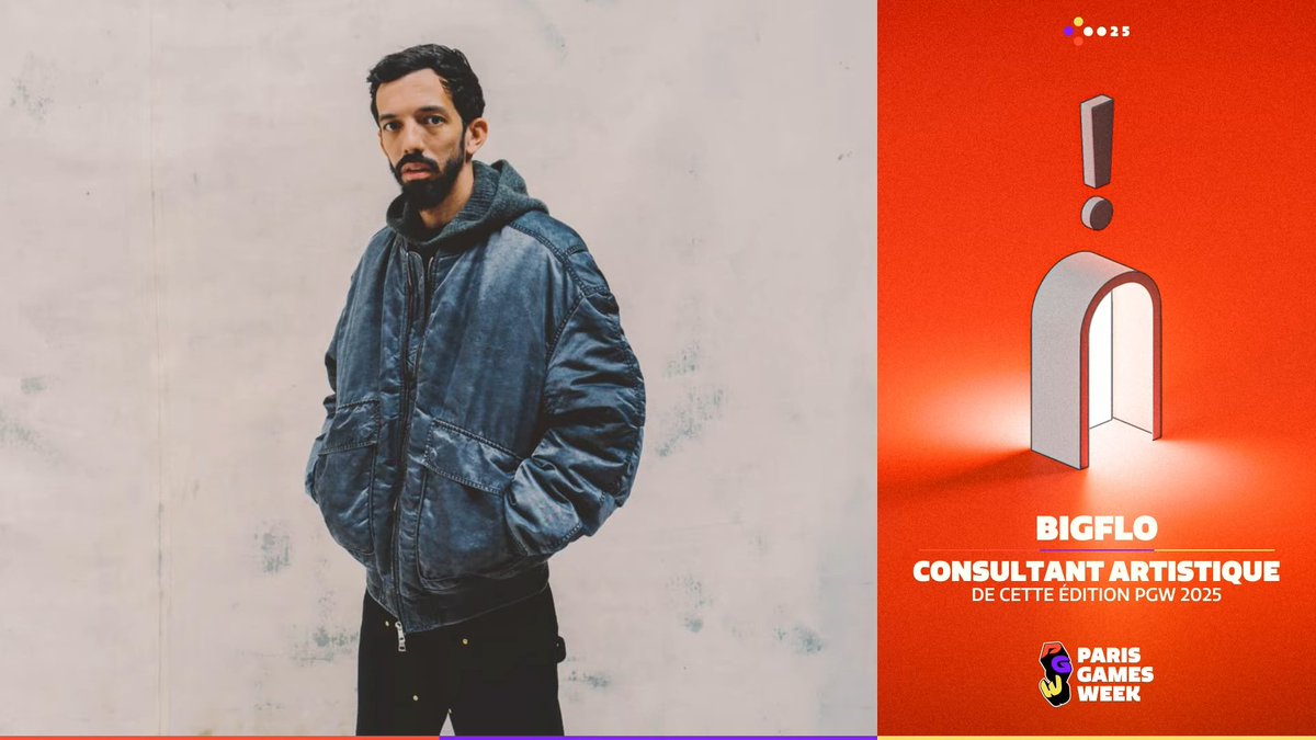 Portrait de Bigflo, habillé d’un blouson large en jean et d’un sweat à capuche, posant devant un mur clair à la texture brute. Sur la droite de l’image, un visuel promotionnel sur fond rouge vif annonce son rôle dans la Paris Games Week 2025. On y voit une arche stylisée en 3D surmontée d’un point d’exclamation, avec une lumière blanche émanant de l’intérieur. Le texte en lettres capitales blanches indique : « Bigflo – Consultant artistique de cette édition PGW 2025 ». En bas, le logo coloré de la Paris Games Week est affiché avec les lettres « PGW » en rouge, violet et jaune.