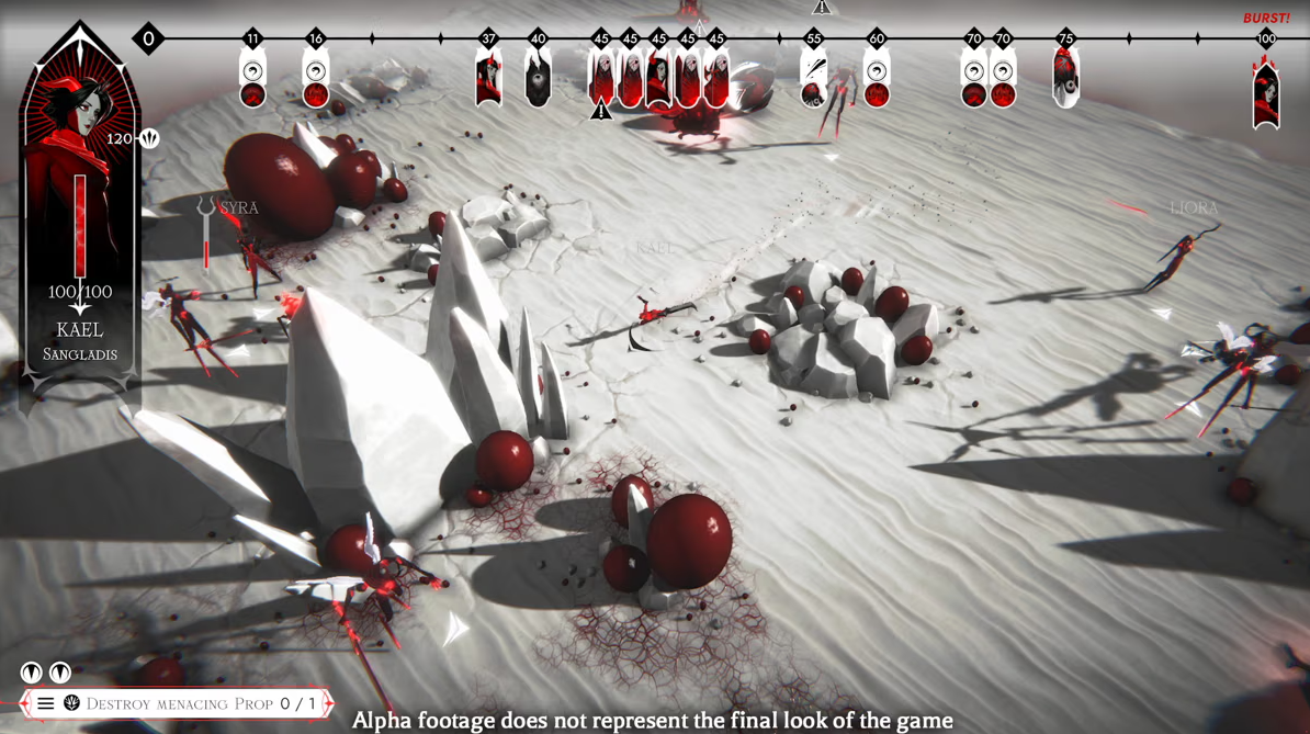 Capture de gameplay d’Ex Sanguis en vue tactique isométrique, montrant un champ de bataille blanc, noir et rouge avec personnages nommés, rochers, sphères organiques et créatures ennemies. L’interface affiche une frise d’actions en haut, la fiche de Kael Sangladis à gauche, l’objectif « Destroy menacing prop » et la mention que la version alpha ne reflète pas le rendu final.