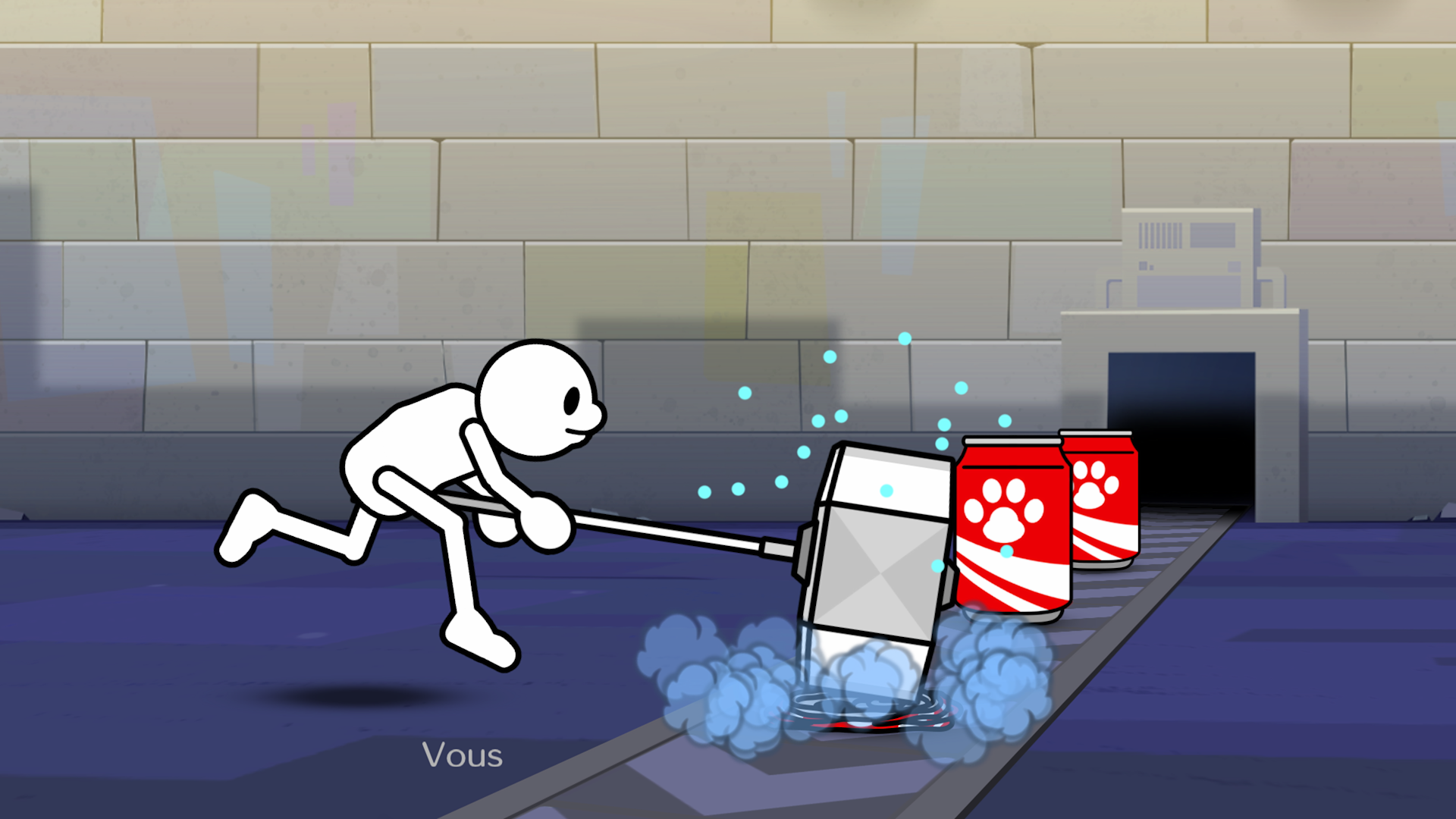 Capture de gameplay d’un jeu au style minimaliste montrant un personnage blanc sans visage courant en poussant un large marteau au sol, produisant de la fumée et des étincelles devant trois canettes rouges ornées d’une empreinte de patte. Le décor évoque un quai ou une station souterraine, avec le texte « Vous » affiché en bas de l’écran pour identifier le joueur.