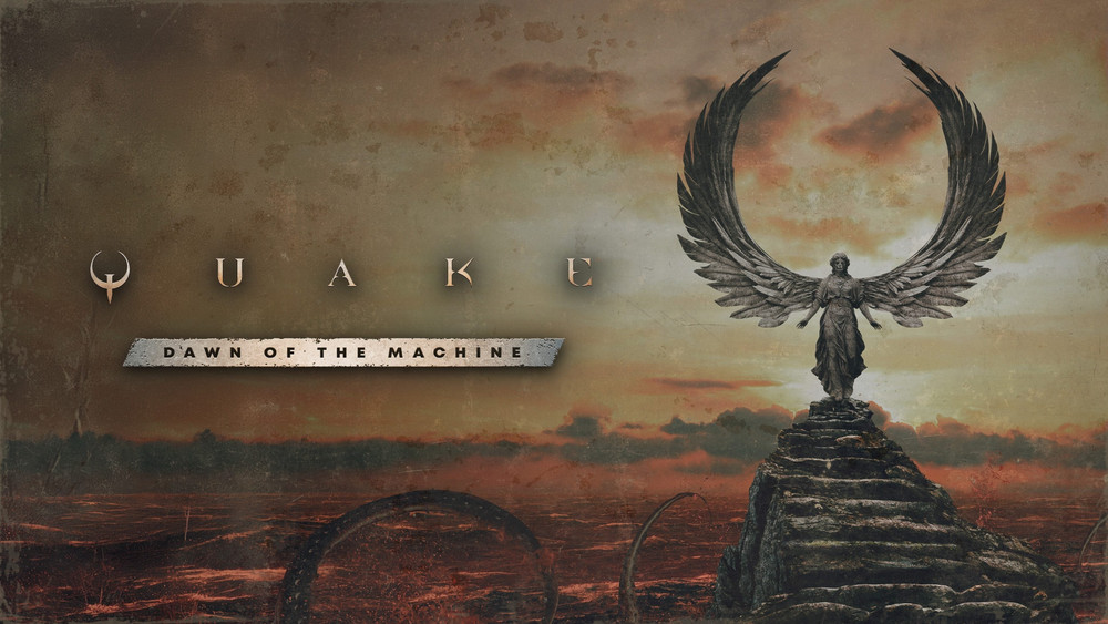 Visuel de Quake: Dawn of the Machine dans des tons sépia et rouge sombre. Le titre apparaît à gauche, tandis qu’à droite une statue ailée se dresse au sommet d’un escalier de pierre, devant un ciel crépusculaire et un paysage infernal parcouru de formes tentaculaires.