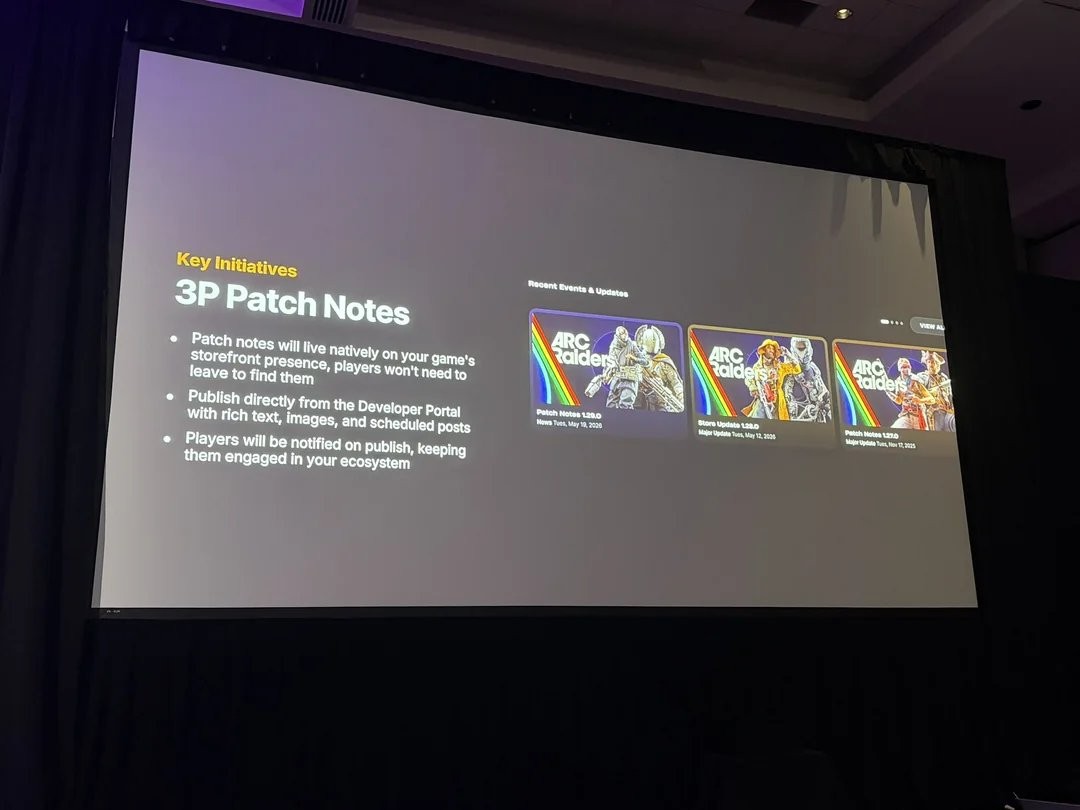Capture d’une présentation sur écran de conférence affichant une diapositive intitulée “Key Initiatives – 3P Patch Notes”. À gauche, un texte explique que les notes de patch seront visibles directement dans la vitrine du jeu, publiées via un portail développeur avec contenu riche et notifications aux joueurs. À droite, une section “Recent Events & Updates” montre des vignettes de contenus liés à ARC Raiders, incluant des mises à jour et patch notes avec dates. L’ensemble est présenté dans un style corporate de slide de keynote orientée plateforme de distribution de jeux vidéo.