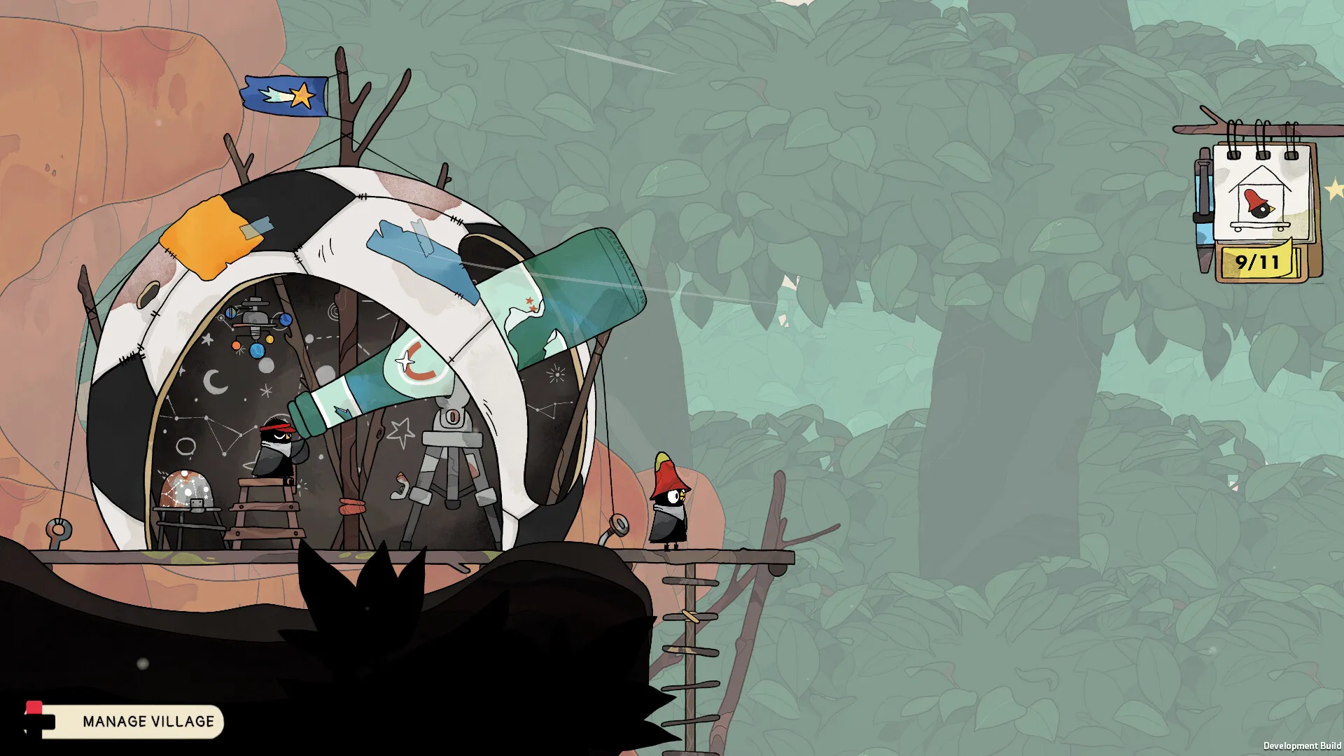 Capture d’un jeu vidéo au style dessiné montrant deux petits oiseaux en tenue noire et rouge dans un observatoire de fortune installé dans un arbre, avec un grand télescope pointé vers le ciel. L’interface affiche l’objectif 9/11 et l’option Manage Village.