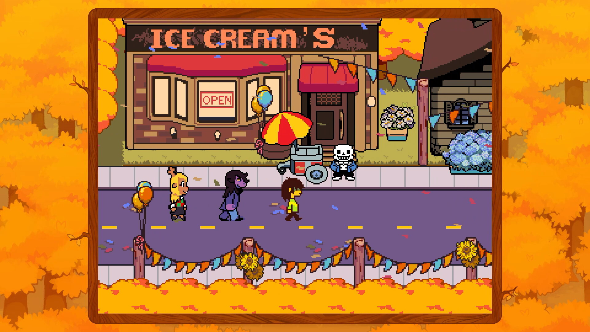 Capture d’écran de Deltarune montrant Kris, Susie et Noelle marchant dans une rue automnale en pixel art, devant une boutique appelée « Ice Cream’s ». Le décor est rempli de feuillages orange, de guirlandes, d’un vendeur squelette et d’un petit stand de glace, créant une ambiance chaleureuse et festive.