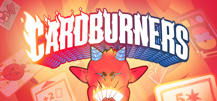 Logo de Cardburners avec un petit démon cornu tenant des cartes, sur fond orange rempli de cartes à jouer