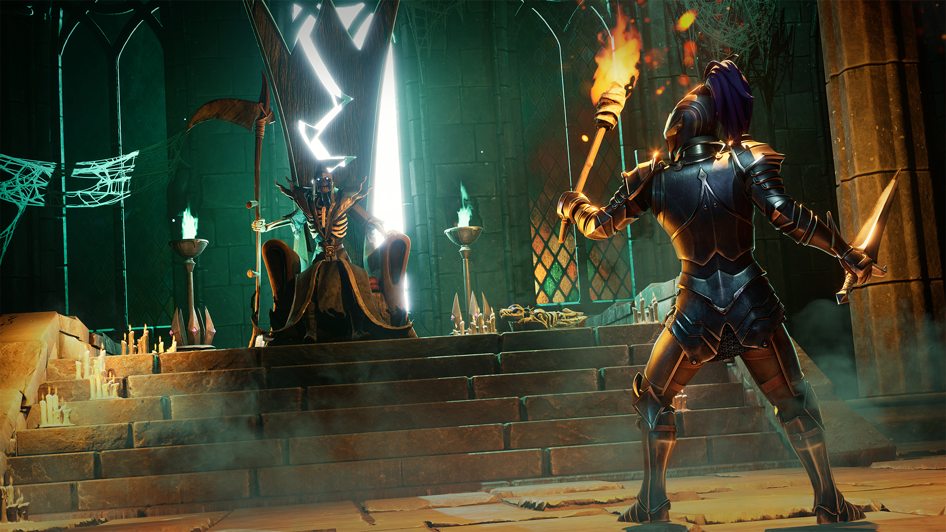 Capture d’écran de RuneScape: Dragonwilds montrant une aventurière en armure face à un mage squelettique assis sur un trône, dans une grande salle gothique éclairée par des flammes et des bougies. La scène oppose une torche et une dague au premier plan à une faux menaçante, créant une ambiance de duel fantastique sombre.