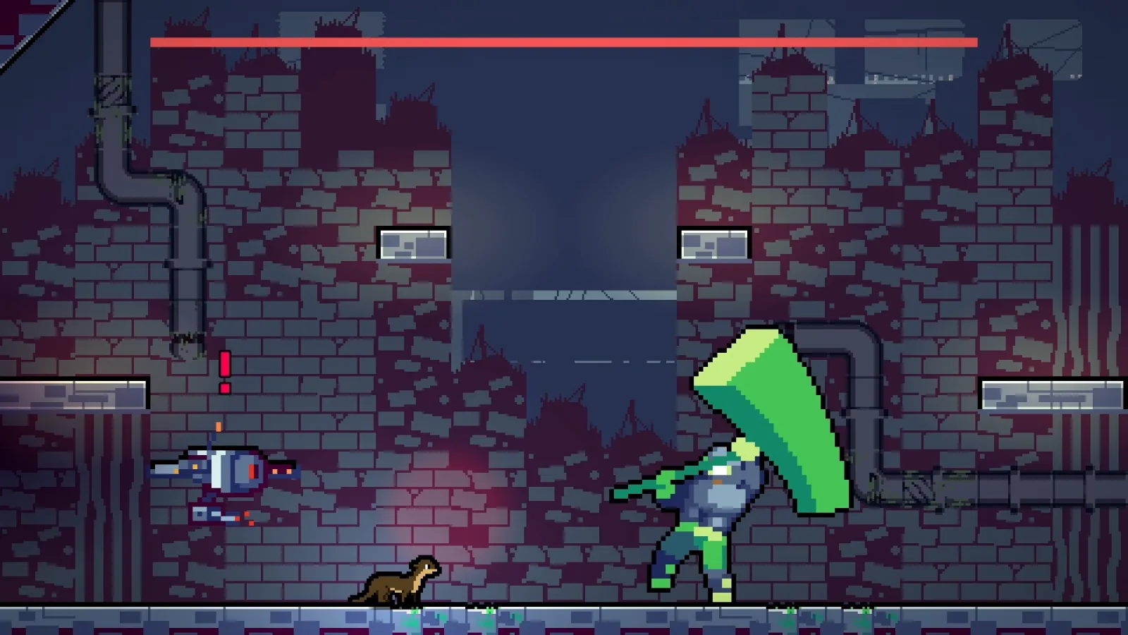 An otter faces the Basement boss, who is trying to strike it with a massive hammer.