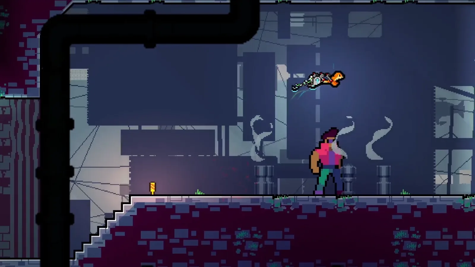 A cyber-augmented otter uses its abilities to evade a poacher in the basement city.