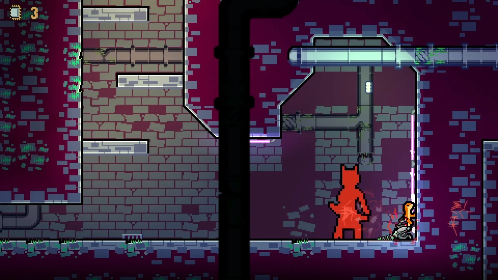 A cyber-otter leans against a wall while its cybernetic implant releases a wave of energy, injuring a human standing behind it.