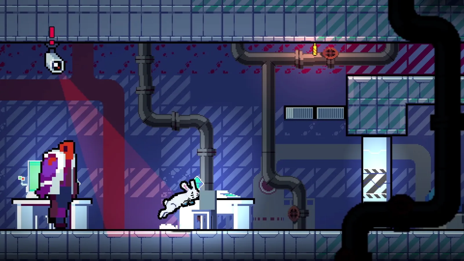 A rabbit attempts to escape the laboratory, despite the monsters and the surveillance system.