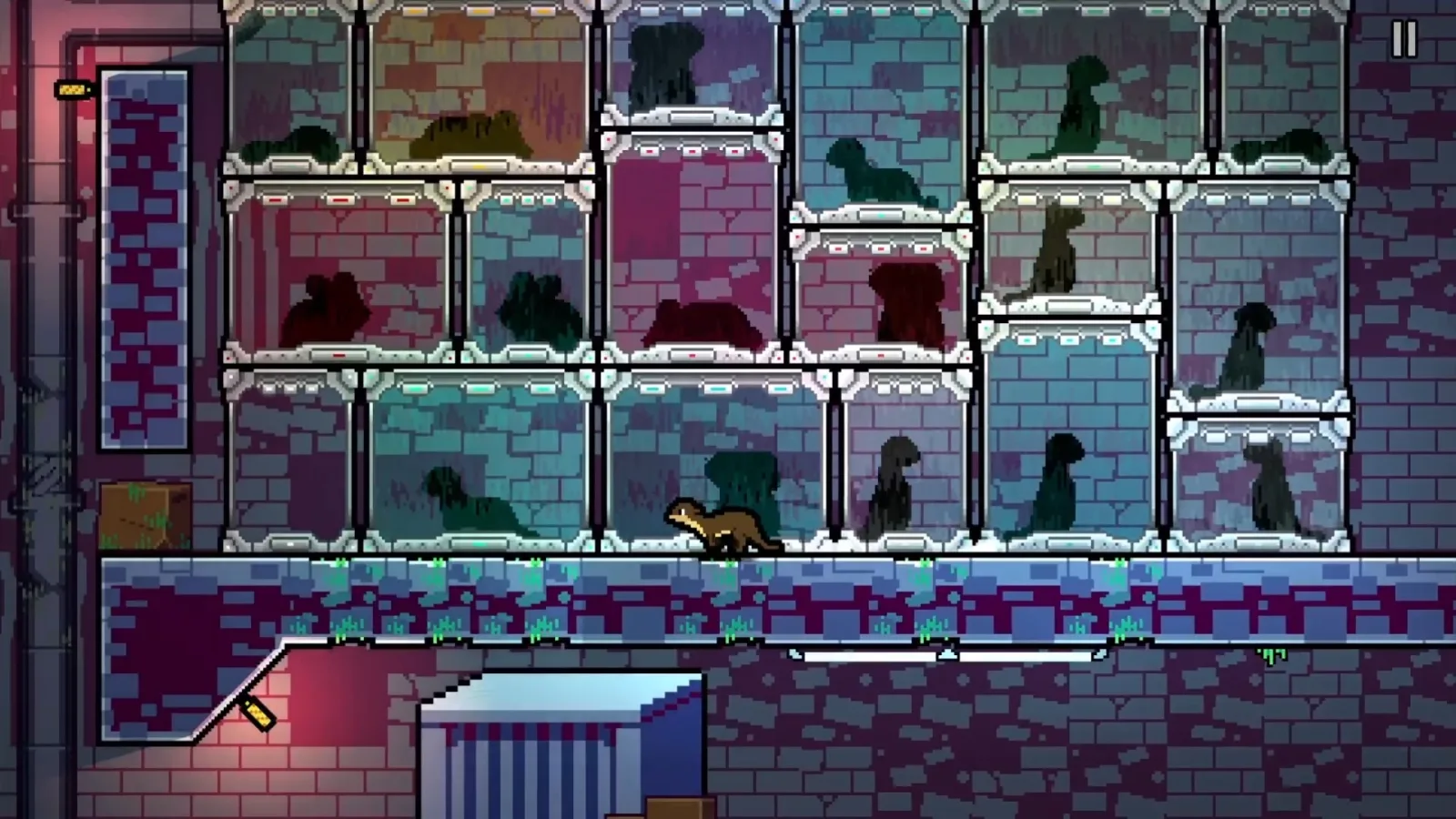 An otter attempts to escape while dozens of animals remain confined in cages in the background.